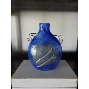 1994 Signed Blue Art Glass Vase 5.5" Cape Cod Studio Silver Foil Accent Signed